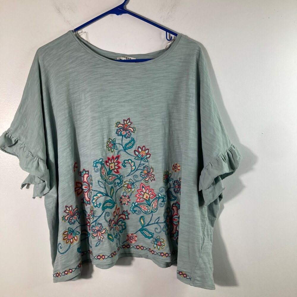 Womens Umgee Embroidered Boho Cotton Top Boxy Floral M Green Orange